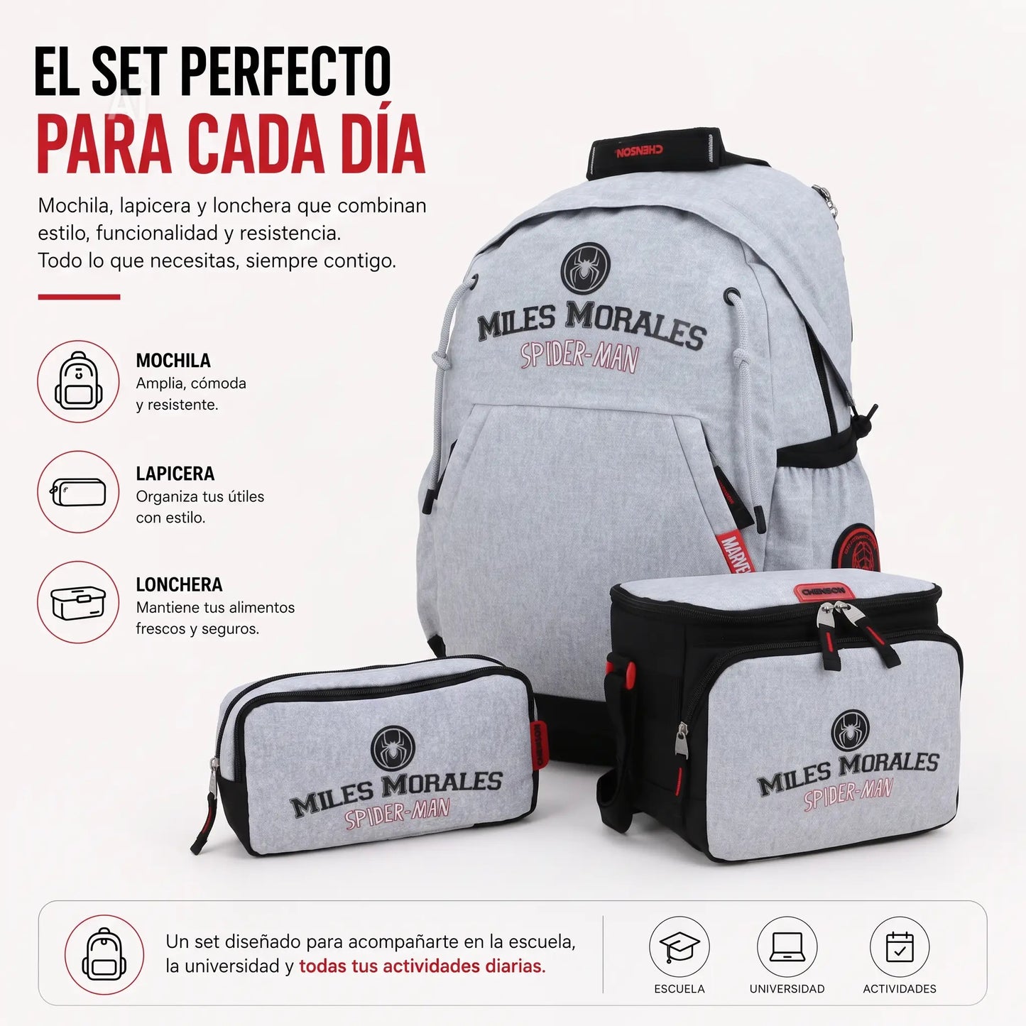 Mochila Chenson Miles Morales Hood Gris | Escolar y Casual