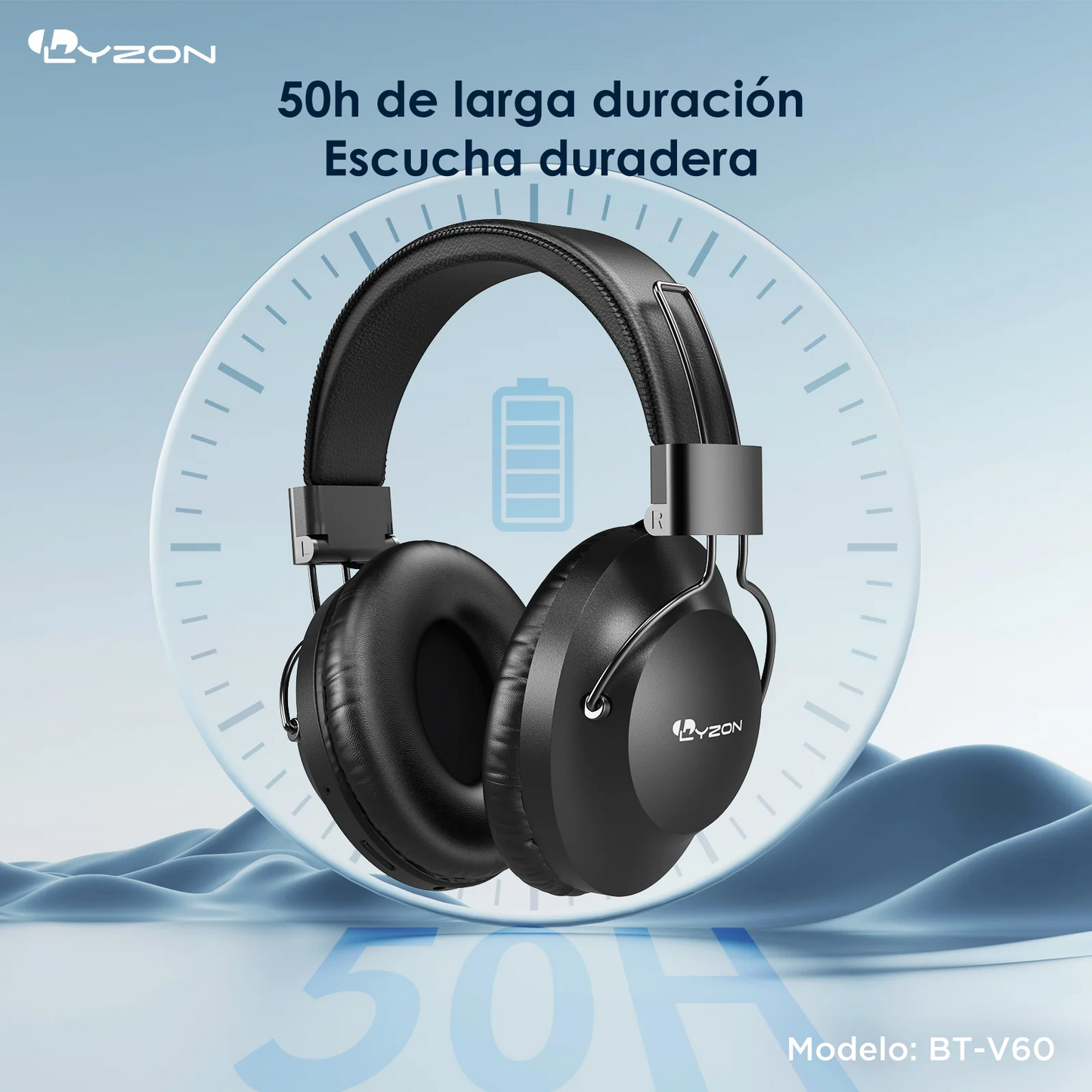 LYZON BT-V60 Audifonos inalambricos Diadema, Cancelación de Ruido, Auriculares inalámbricos, HiFi Sonido Estéreo, Micrófono Incorporado, Compatible con Tarjeta TF y Radio FM, hasta 50 Horas, Negro