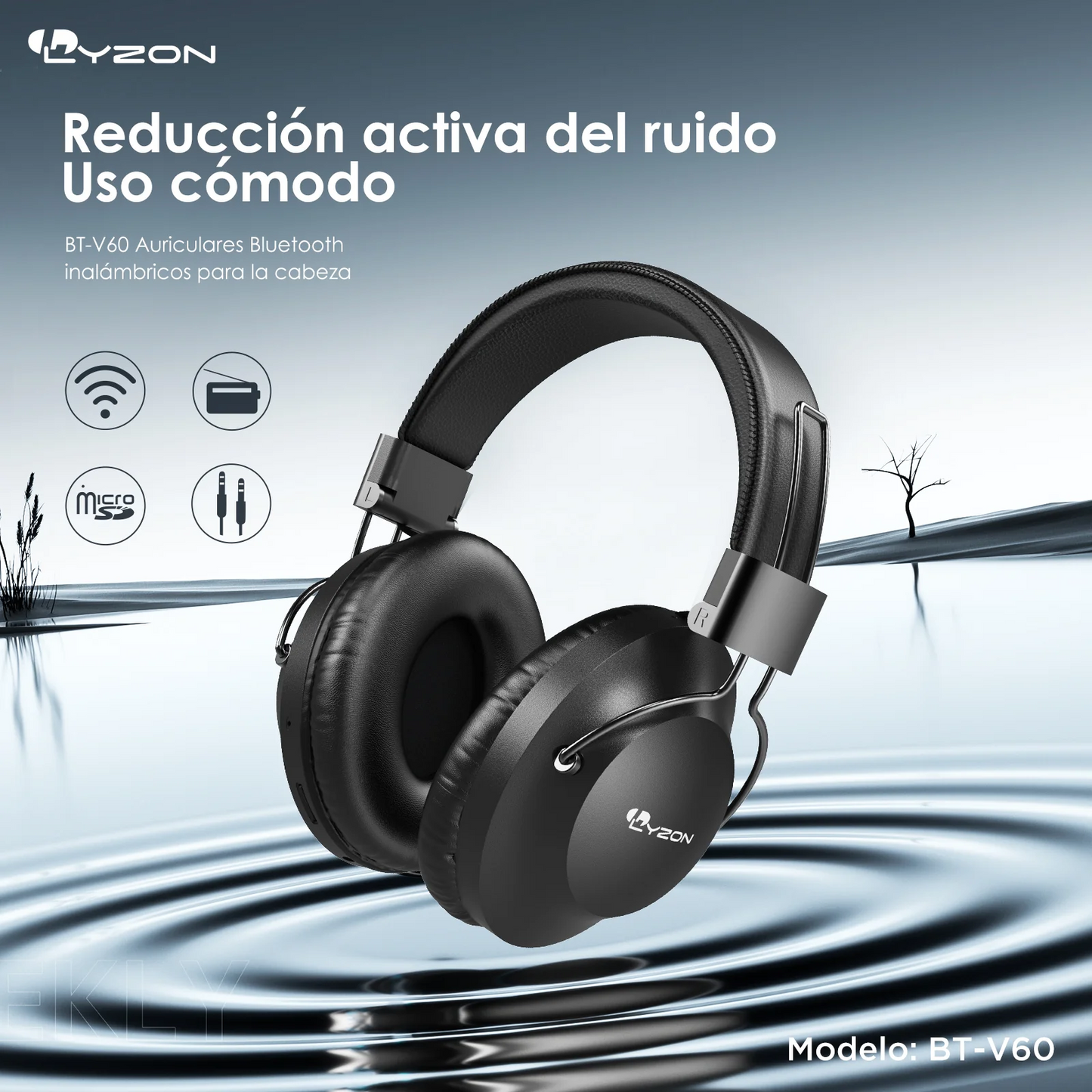 LYZON BT-V60 Audifonos inalambricos Diadema, Cancelación de Ruido, Auriculares inalámbricos, HiFi Sonido Estéreo, Micrófono Incorporado, Compatible con Tarjeta TF y Radio FM, hasta 50 Horas, Negro