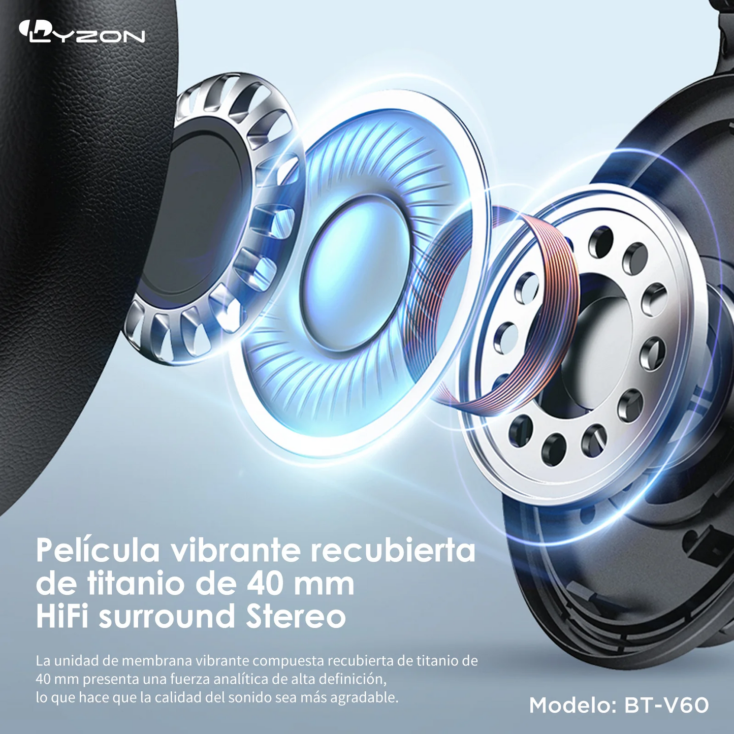 LYZON BT-V60 Audifonos inalambricos Diadema, Cancelación de Ruido, Auriculares inalámbricos, HiFi Sonido Estéreo, Micrófono Incorporado, Compatible con Tarjeta TF y Radio FM, hasta 50 Horas, Negro