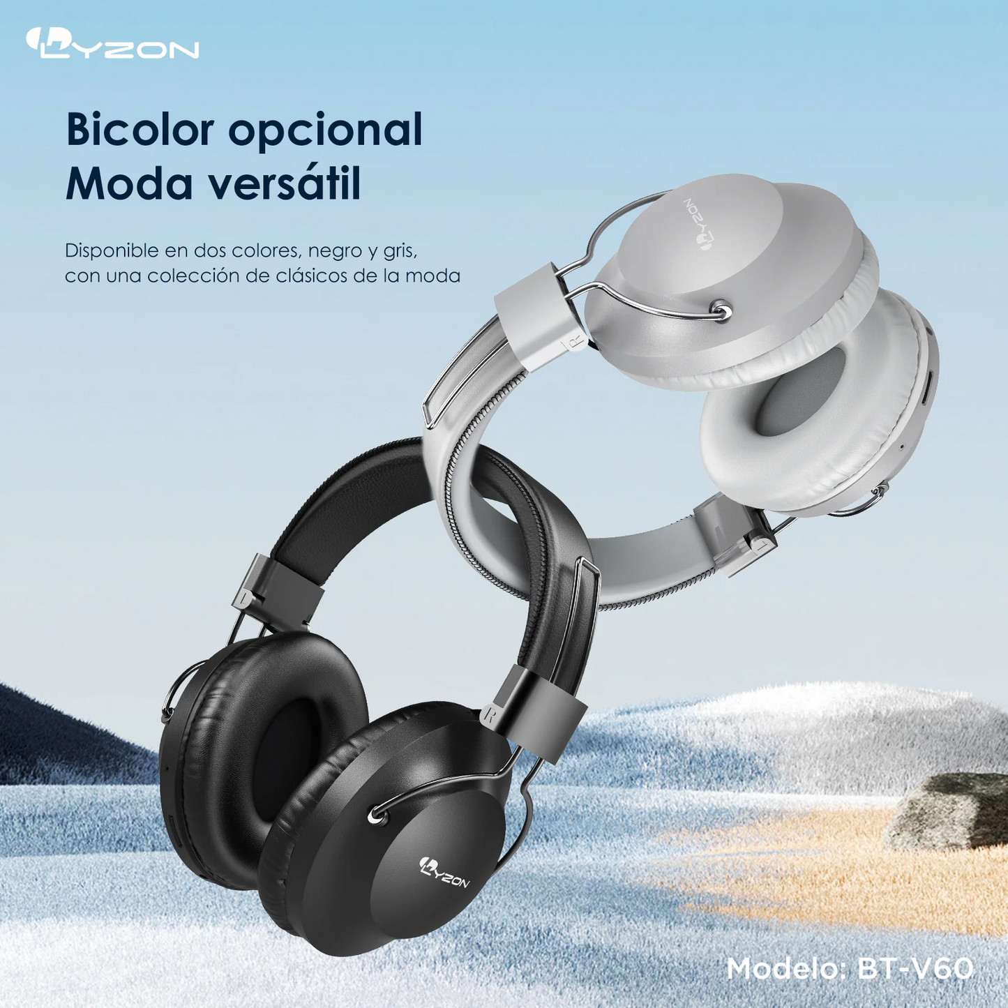 LYZON BT-V60 Audifonos inalambricos Diadema, Cancelación de Ruido, Auriculares inalámbricos, HiFi Sonido Estéreo, Micrófono Incorporado, Compatible con Tarjeta TF y Radio FM, hasta 50 Horas, Negro