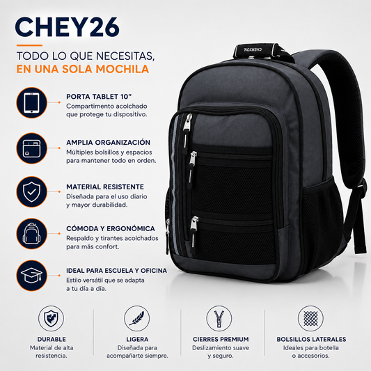 Mochila Gris Chenson Chey26 | Porta Lap & Tablet 10" | Amplio Espacio y Organización