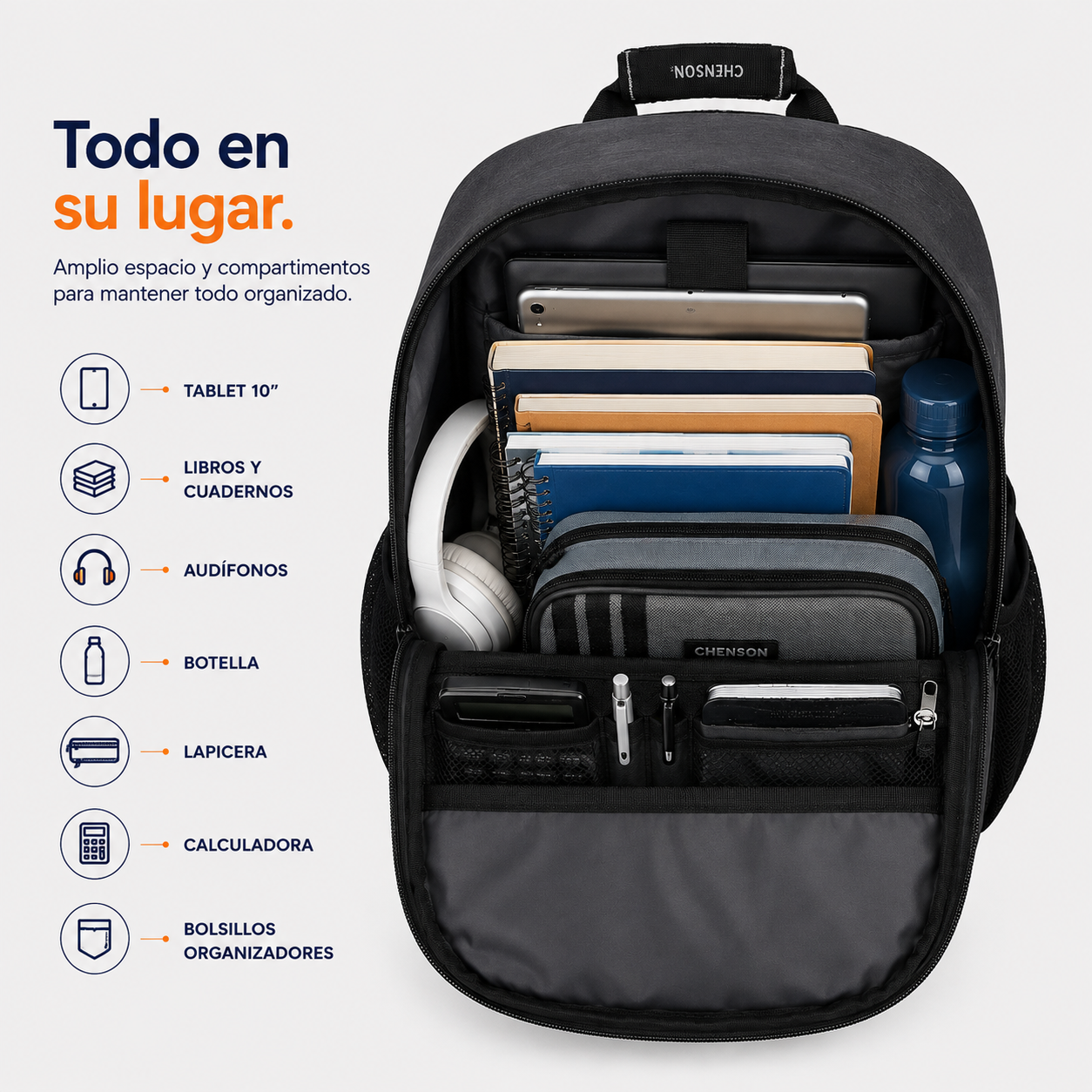 Mochila Gris Chenson Chey26 | Porta Lap & Tablet 10" | Amplio Espacio y Organización