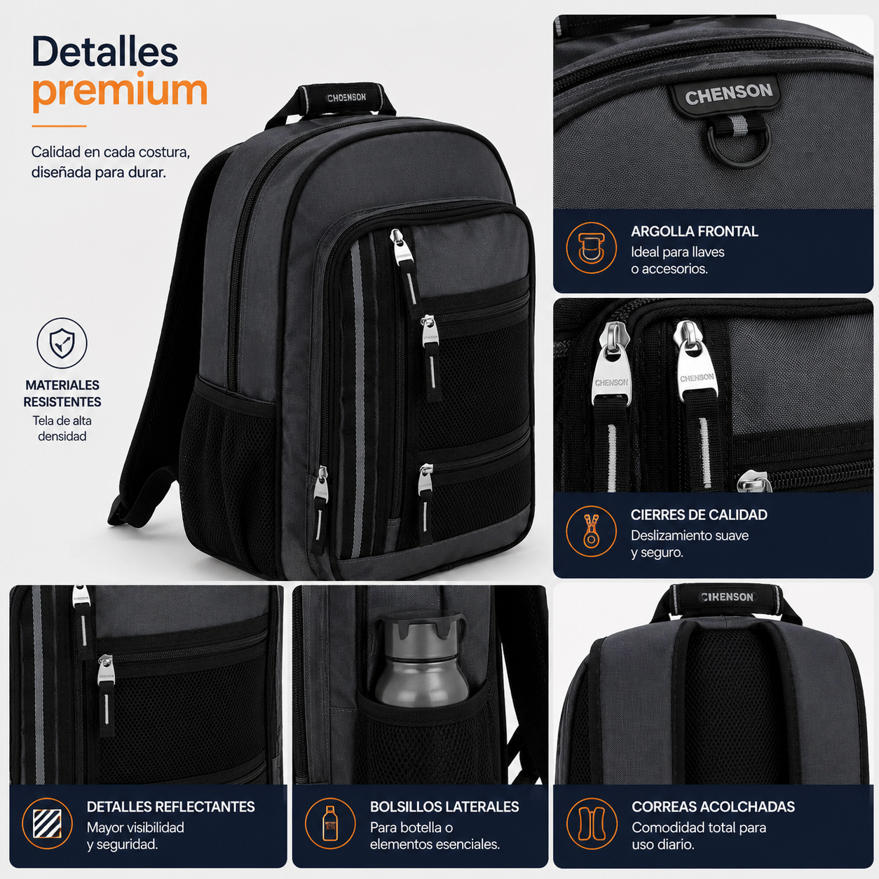 Mochila Gris Chenson Chey26 | Porta Lap & Tablet 10" | Amplio Espacio y Organización