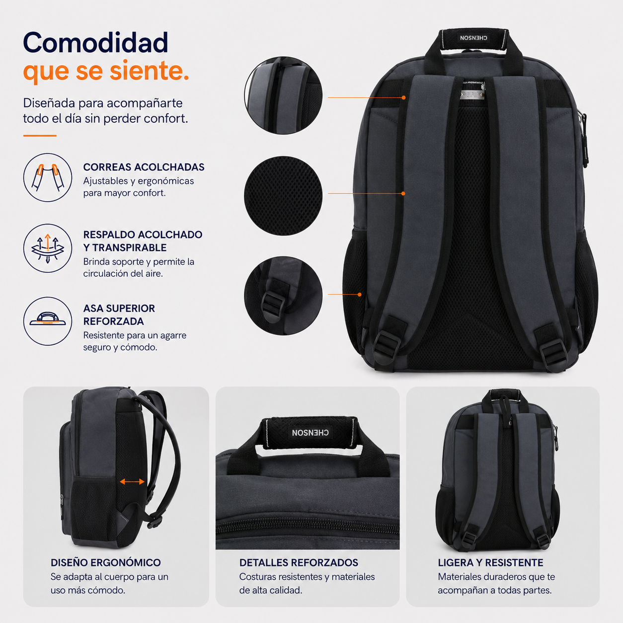 Mochila Gris Chenson Chey26 | Porta Lap & Tablet 10" | Amplio Espacio y Organización