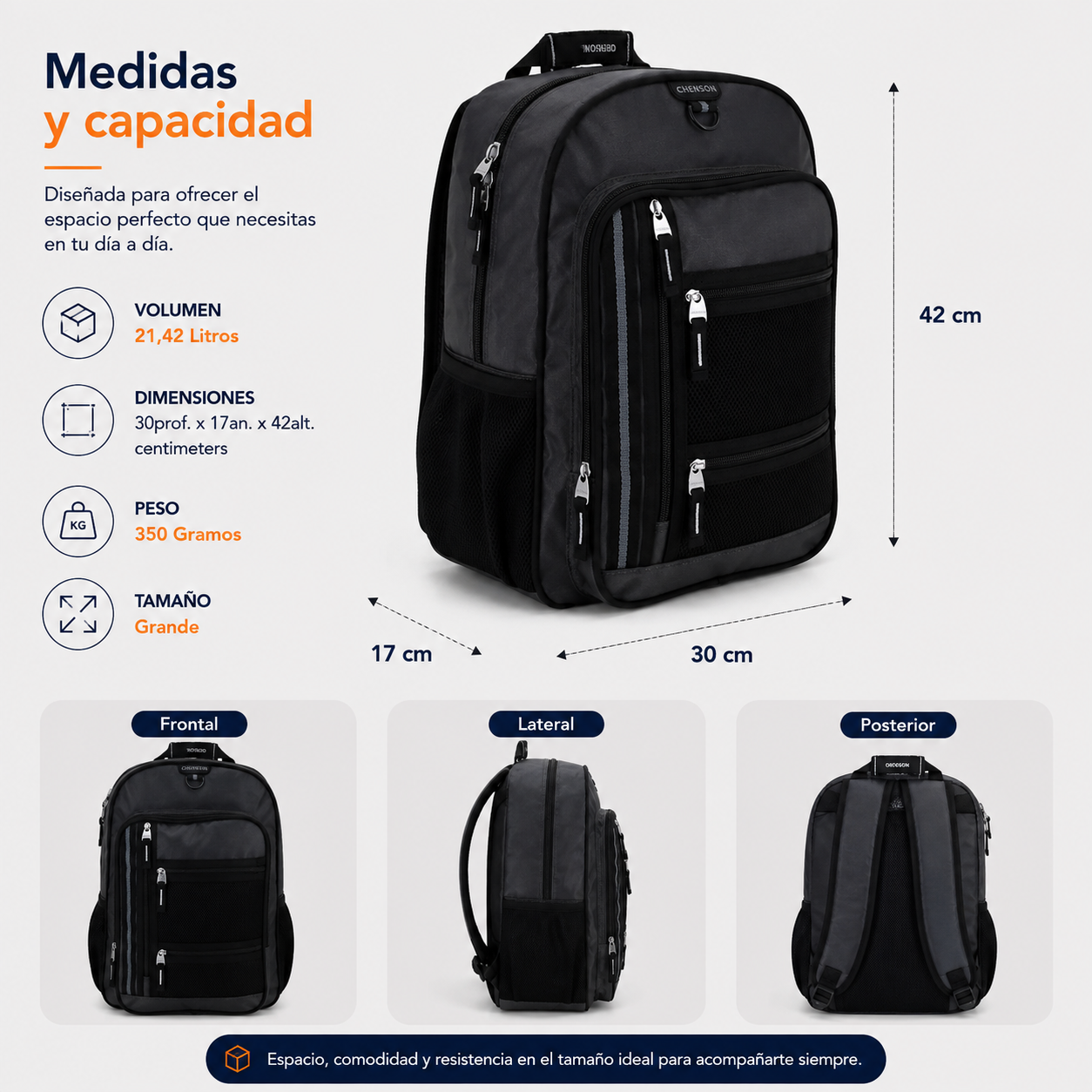 Mochila Gris Chenson Chey26 | Porta Lap & Tablet 10" | Amplio Espacio y Organización