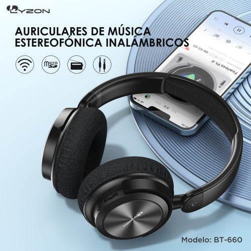 LYZON BT-660 Audífonos Inalámbricos De Diadema Multifunción Bluetooth, SD,  Cable Aux, Radio FH, duración 20 horas (Caja 40 piezas surtida)