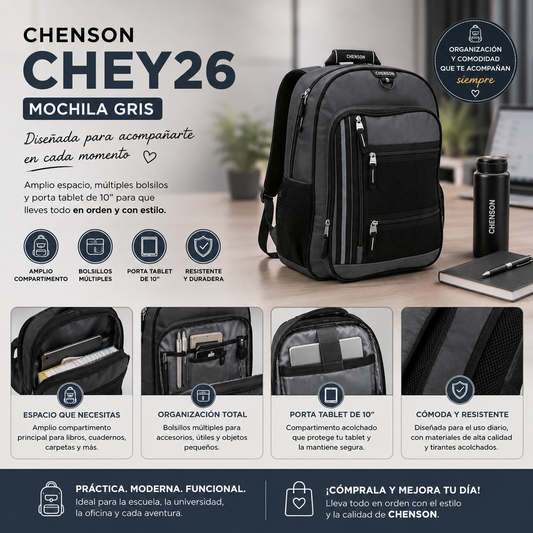 Mochila Chenson Chey26 diseñada para quienes necesitan llevar su tablet, cuadernos y accesorios con comodidad y estilo todos los días