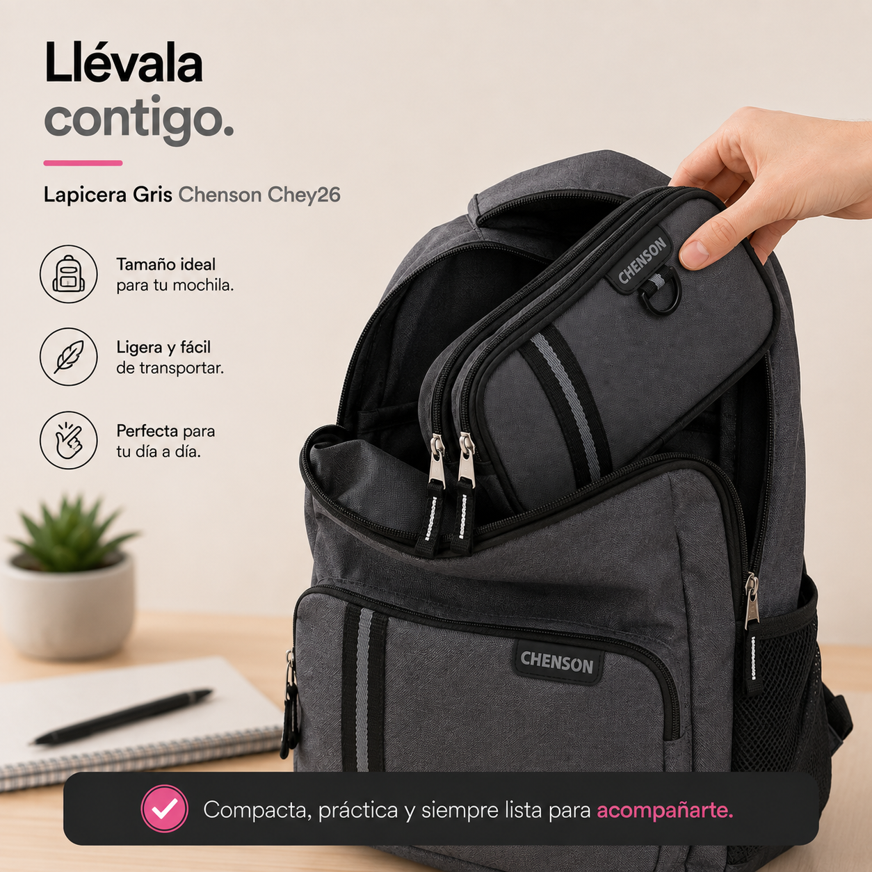 Lapicera Gris Chenson Chey26 | Doble Compartimento y Organización