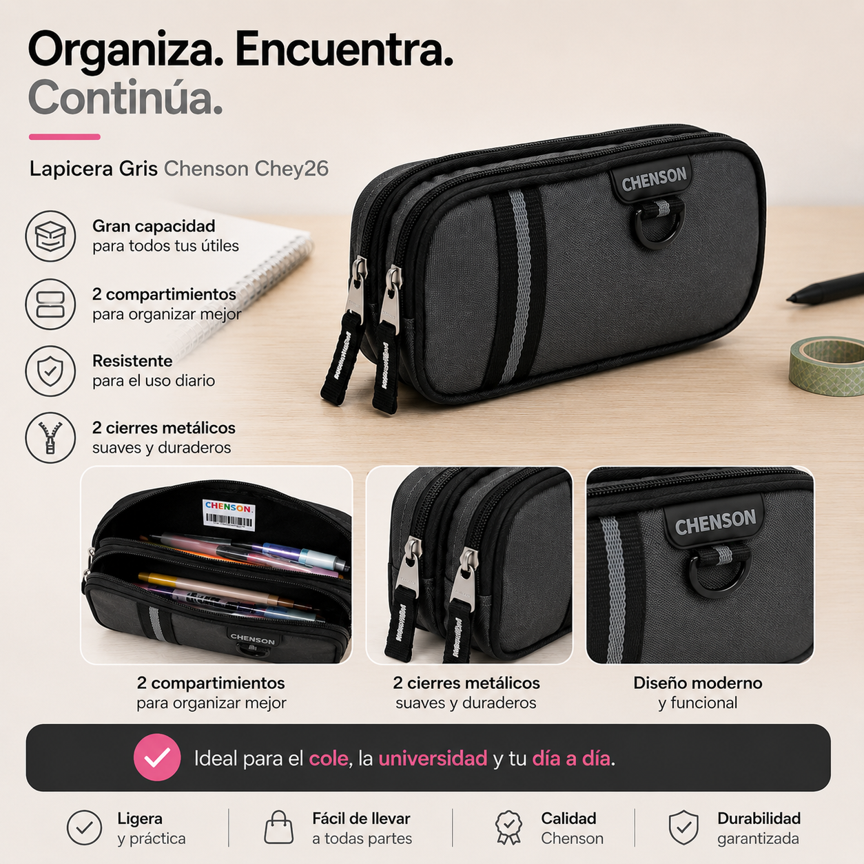 Lapicera Gris Chenson Chey26 | Doble Compartimento y Organización