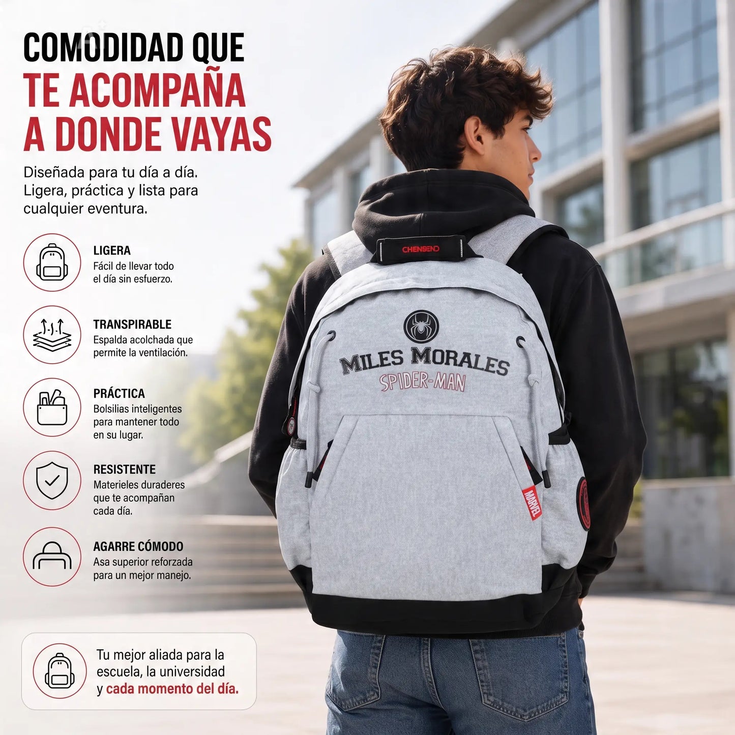 Mochila Chenson Miles Morales Hood Gris | Escolar y Casual