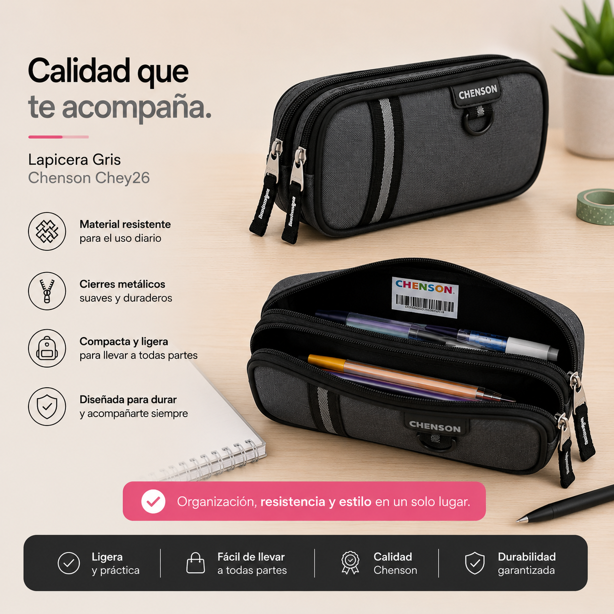 Lapicera Gris Chenson Chey26 | Doble Compartimento y Organización
