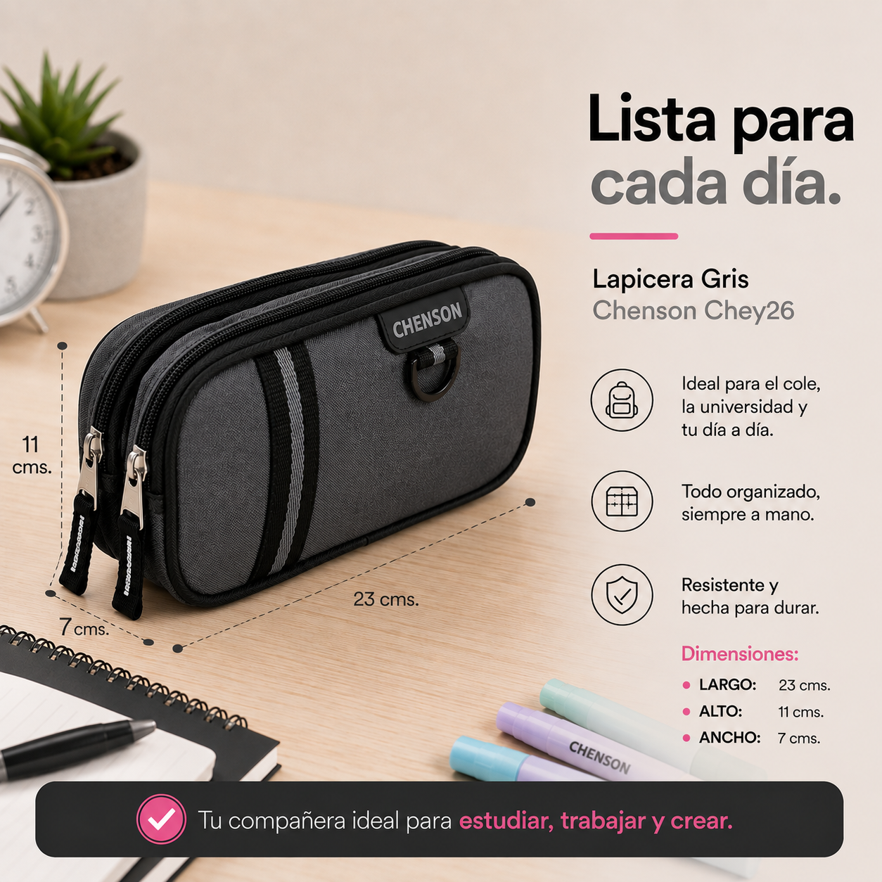 Lapicera Gris Chenson Chey26 | Doble Compartimento y Organización