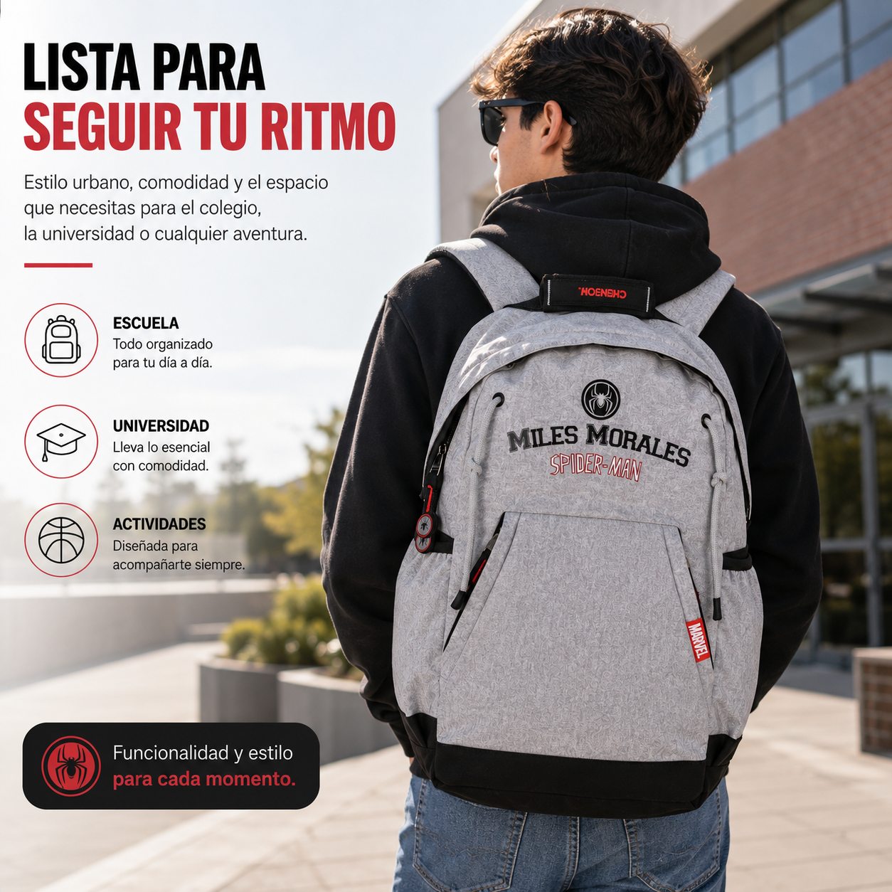 Mochila Chenson Miles Morales Hood Gris | Escolar y Casual