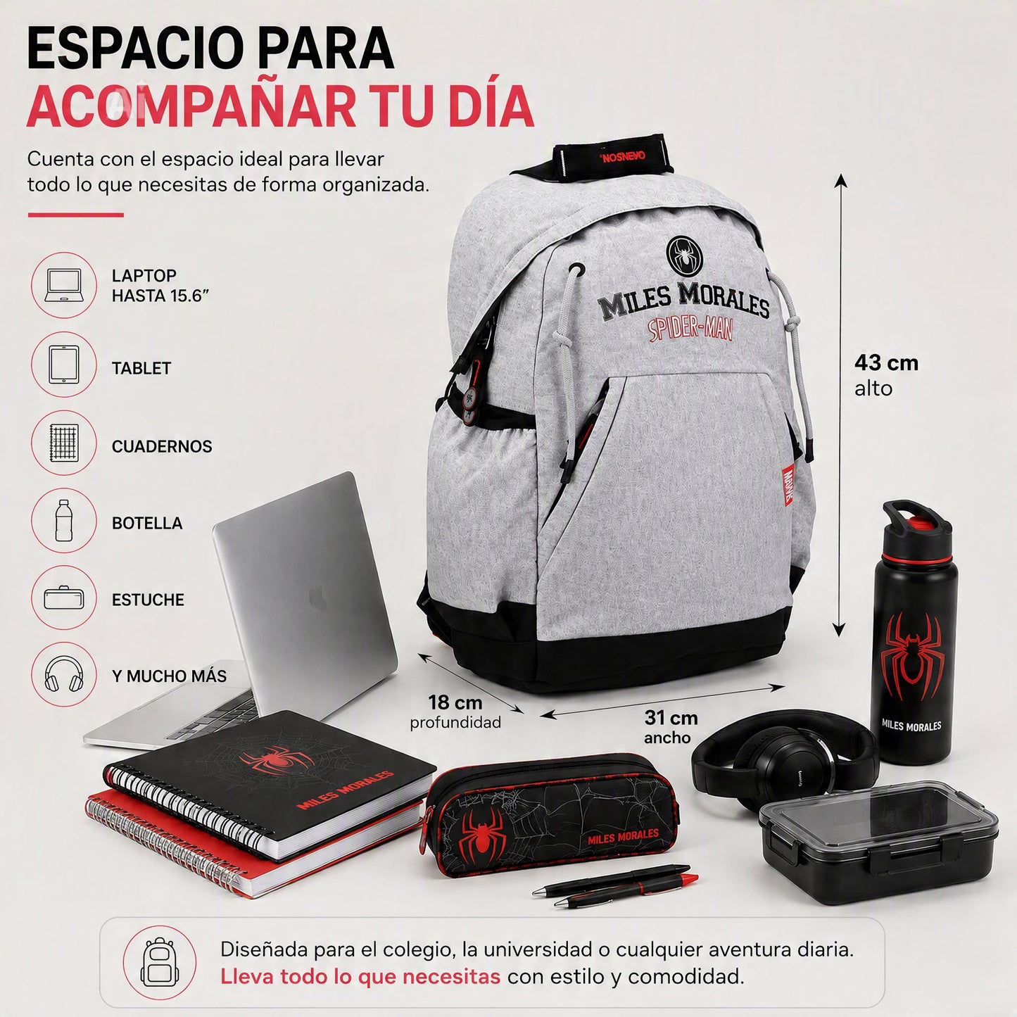 Mochila Chenson Miles Morales Hood Gris | Escolar y Casual