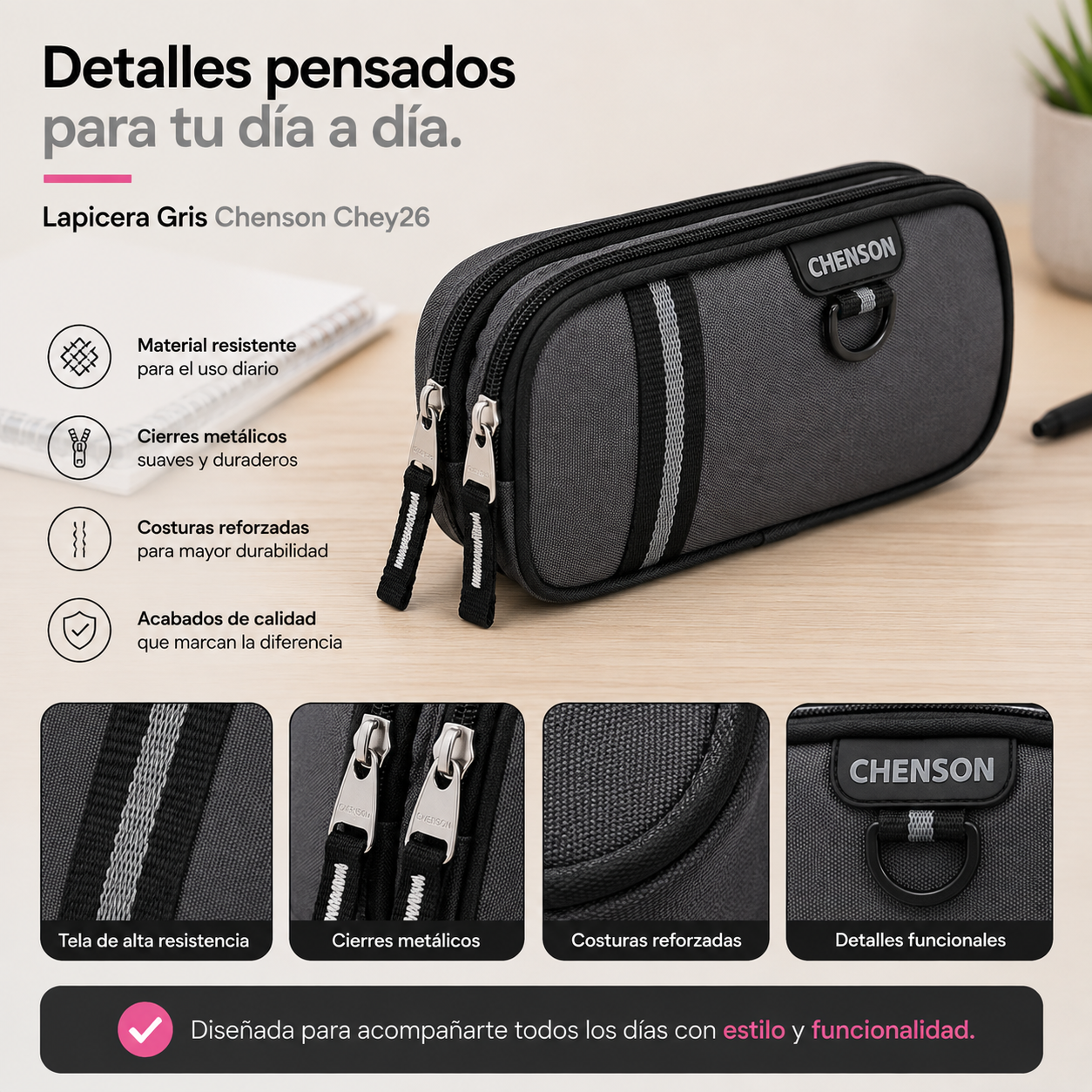 Lapicera Gris Chenson Chey26 | Doble Compartimento y Organización