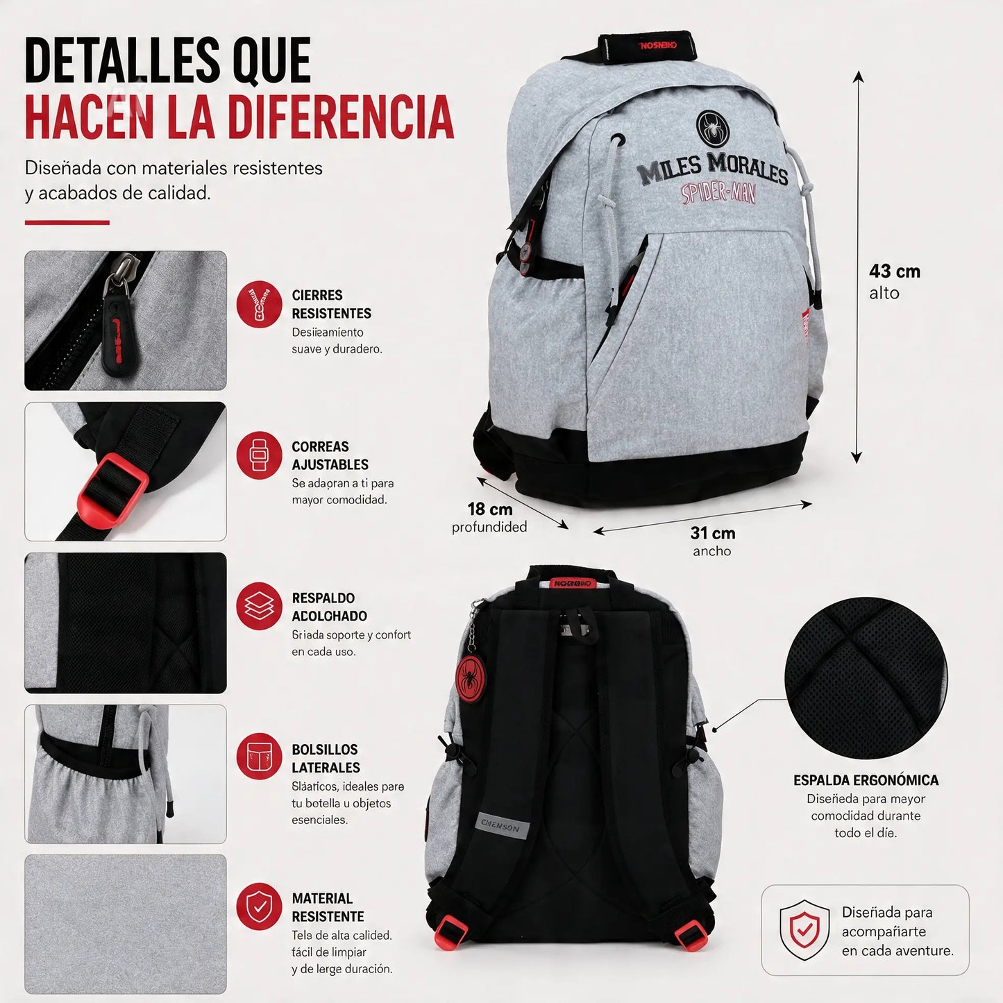 Mochila Chenson Miles Morales Hood Gris | Escolar y Casual